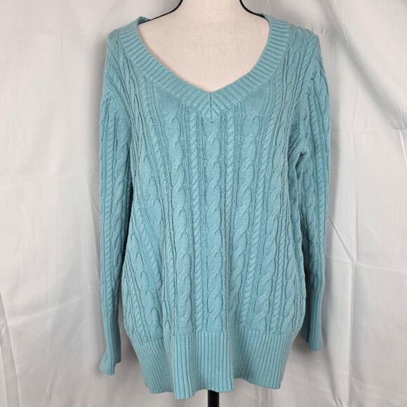 JCP Womens 1X Aqua Blue Cable Knit V-Neck Pullover Sweater Long Sleeve Soft Knit - Picture 2 of 9